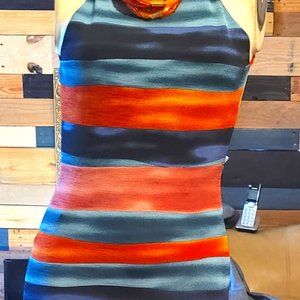 MAGIA SMALL--Multi Color Stripe Open Back, Stretch Midi Dress,  Knotted in back
